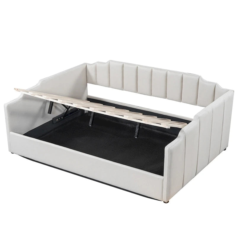 Lit de jour rembourré avec rangement escamotable et barrière de sécurité irrégulière, canapé-lit deux places pour chambre ou salon