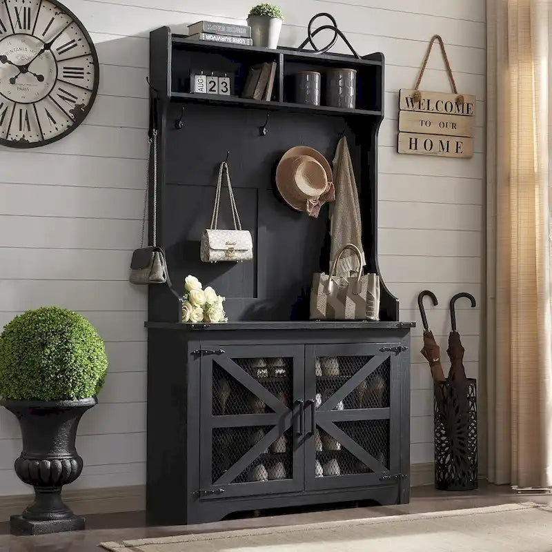 Banc d'entrée de style ferme de 42 pouces de large avec porte-manteau et armoire de vestiaire