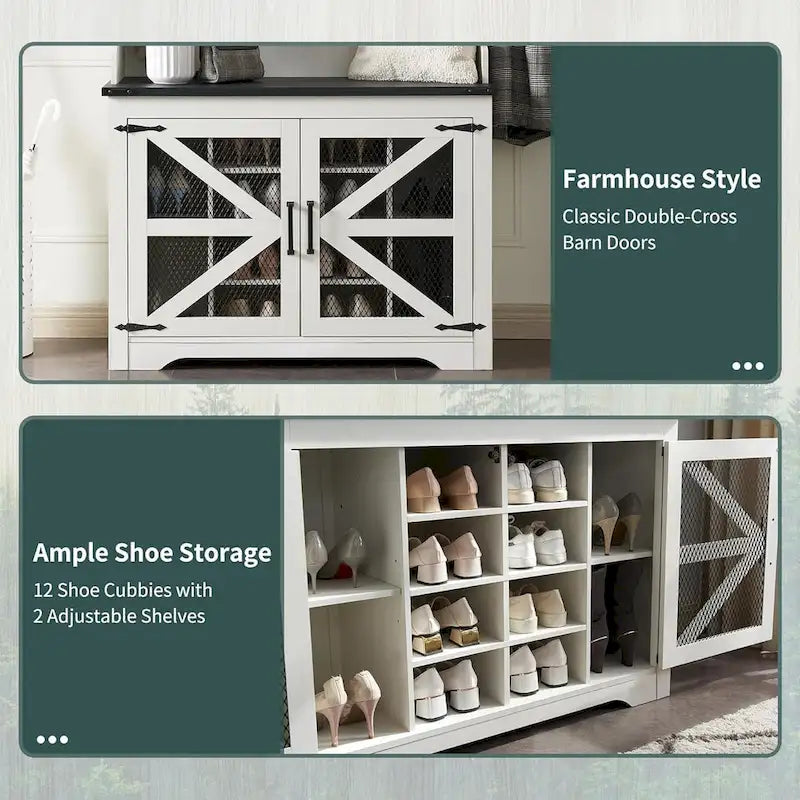 Banc d'entrée de style ferme de 42 pouces de large avec porte-manteau et armoire de vestiaire