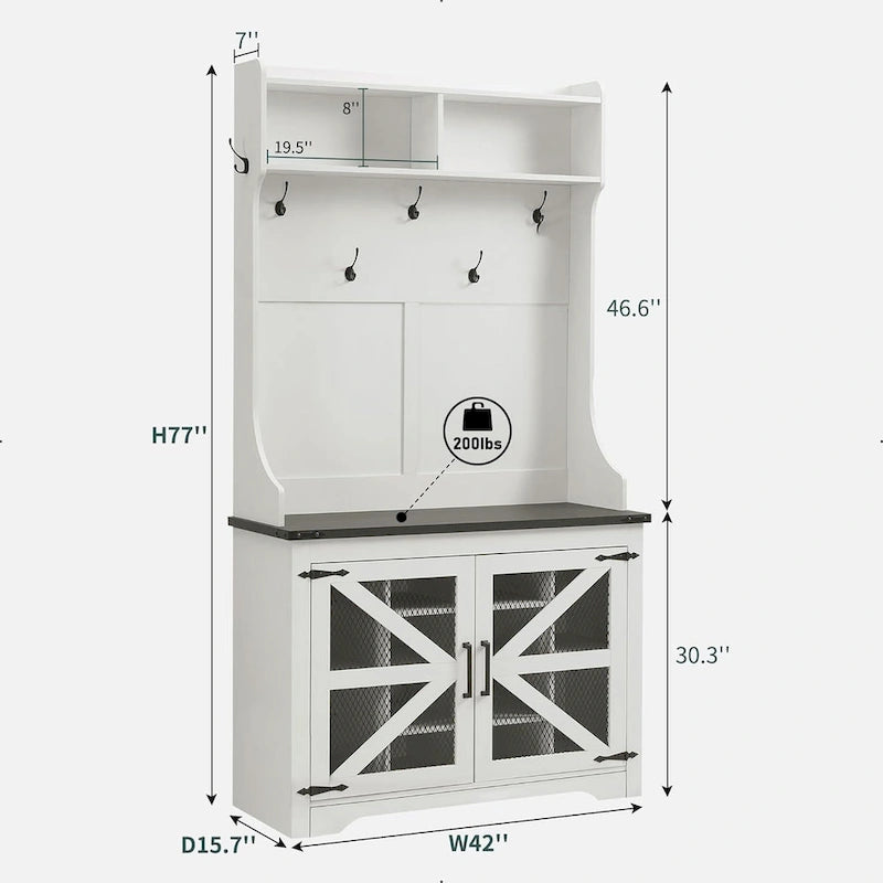 Banc d'entrée de style ferme de 42 pouces de large avec porte-manteau et armoire de vestiaire