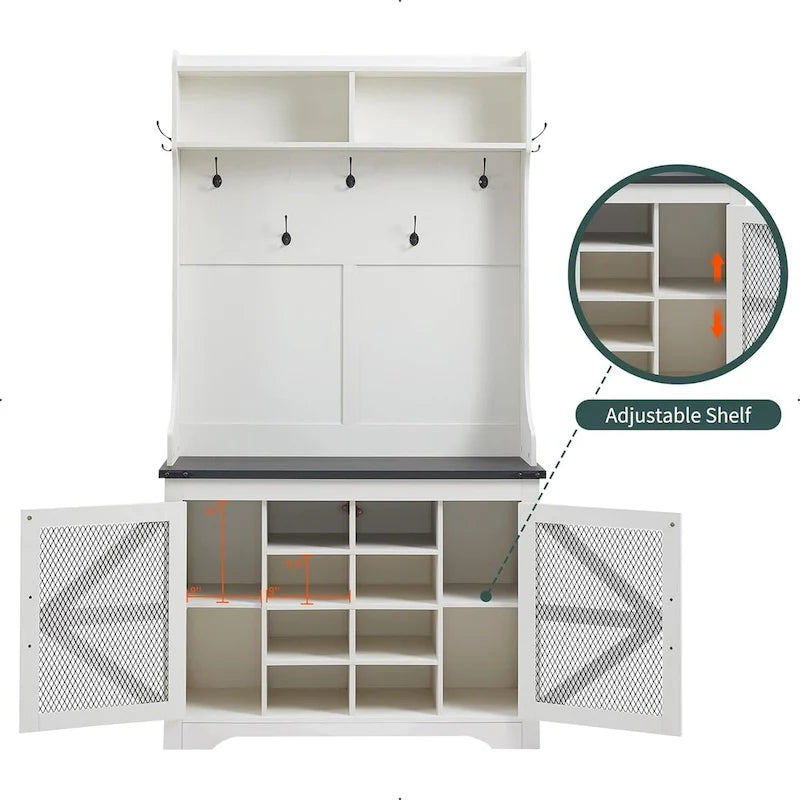 Banc d'entrée de style ferme de 42 pouces de large avec porte-manteau et armoire de vestiaire