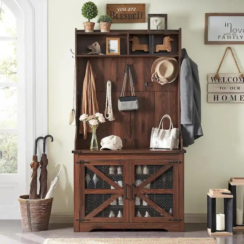 Banc d'entrée de style ferme de 42 pouces de large avec porte-manteau et armoire de vestiaire