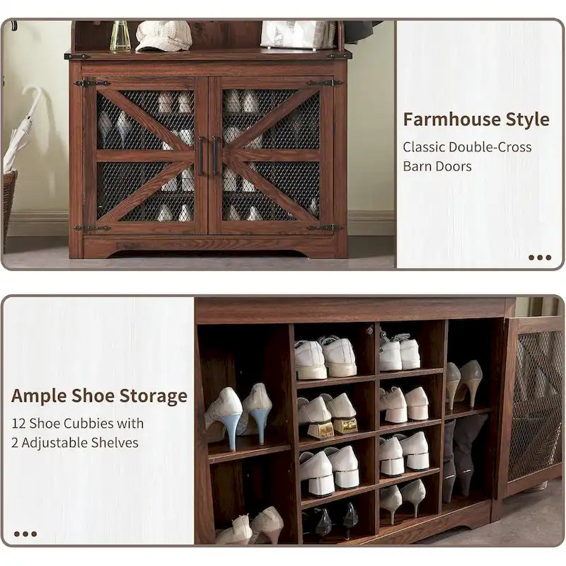 Banc d'entrée de style ferme de 42 pouces de large avec porte-manteau et armoire de vestiaire