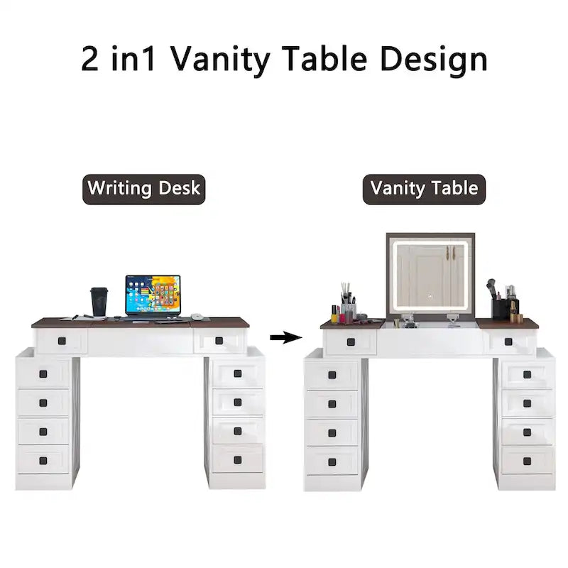 Coiffeuse avec éclairage LED à intensité variable, table de maquillage avec miroir rabattable, ensemble coiffeuse comprenant tabouret et tiroirs