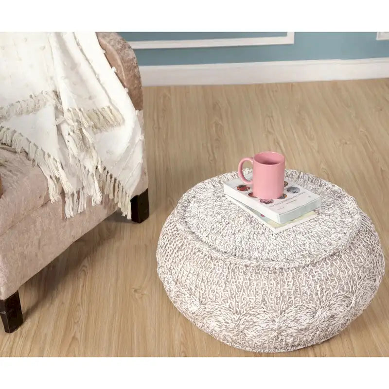 Pouf ottoman beige en coton de 50 cm (20 pouces) avec motif géométrique pour salon