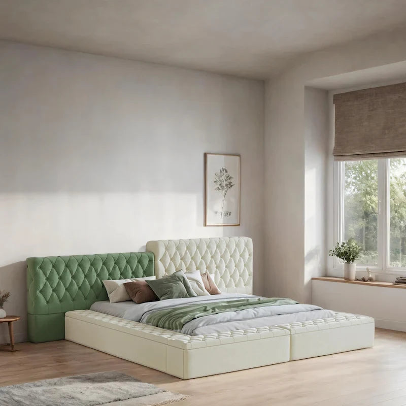 King Size Upholstered Bed with Storage Compartments and Footboard