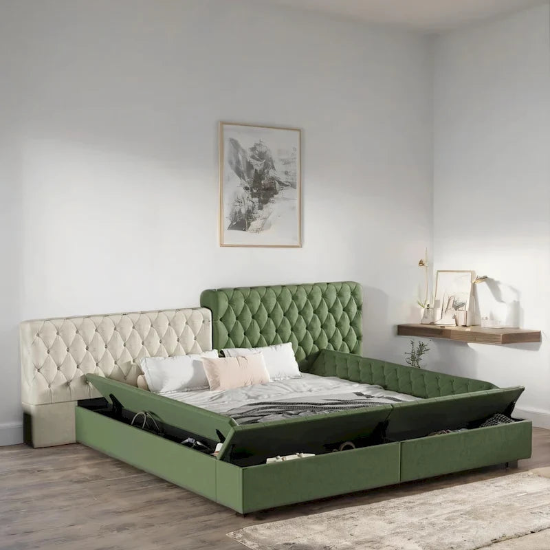 Lit rembourré King Size avec compartiments de rangement et pied de lit