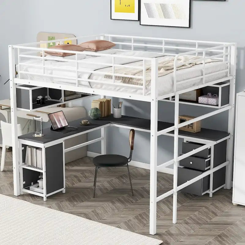 Lit mezzanine double avec bibliothèque et armoire, lit mezzanine en métal avec bureau intégré en forme de L, cadre de lit en métal pour enfants, adolescents et adultes