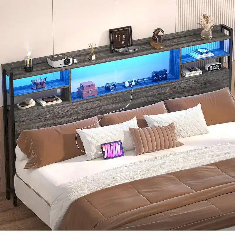 Storage Headboard with USB Port and Power Outlet, Head Board with LED Light for Bed Frame