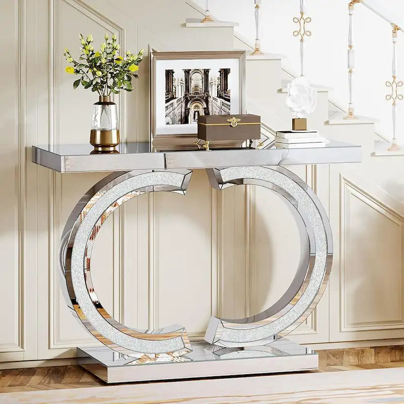 Console argentée, table d'entrée avec miroir de 39 pouces pour l'entrée