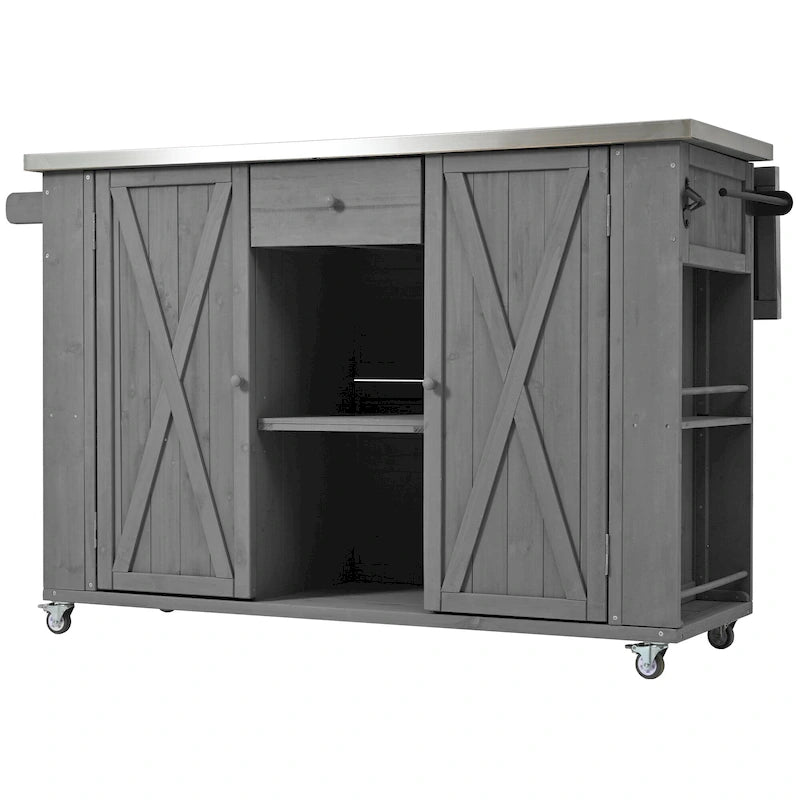 Îlot de cuisine extérieure en bois de sapin rustique avec plateau en acier inoxydable et rangements astucieux