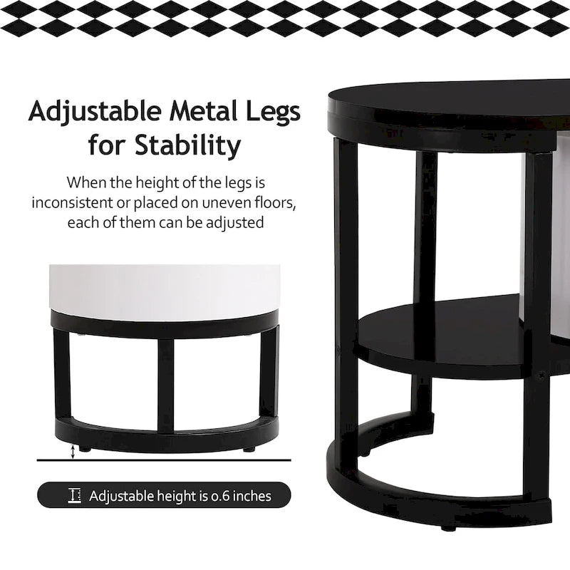 Meuble TV rétractable moderne noir et blanc avec 3 tiroirs et pieds réglables en métal pour salon ou chambre