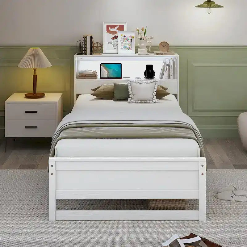 Cadre de lit en bois Gymax pour lit simple avec station de recharge et lampe LED