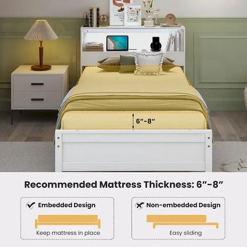 Cadre de lit en bois Gymax pour lit simple avec station de recharge et lampe LED