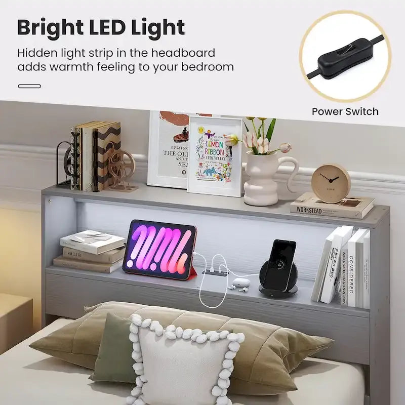 Cadre de lit en bois Gymax pour lit simple avec station de recharge et lampe LED