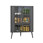 Meuble de rangement d'angle moderne à 3 niveaux avec portes en verre trempé, étagères et structure métallique - Meuble de rangement autoportant et peu encombrant