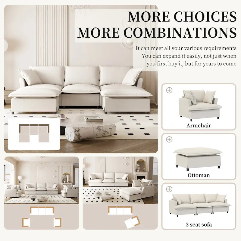 Ensemble canapé d'angle en chenille motif nuage en forme de U avec pouf et coussins