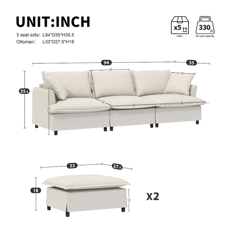 Ensemble canapé d'angle en chenille motif nuage en forme de U avec pouf et coussins