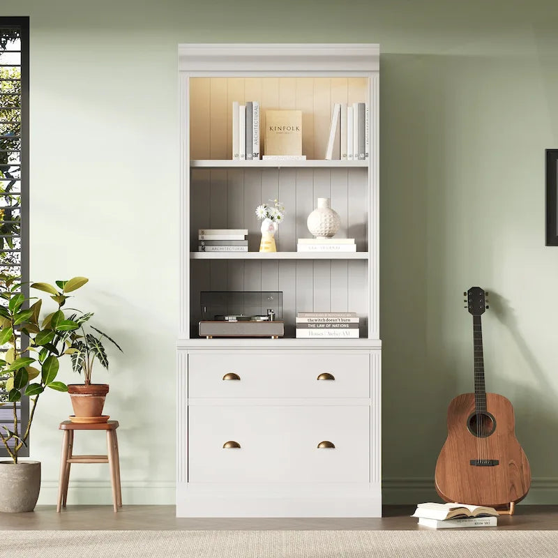 Bibliothèque haute polyvalente avec éclairage LED et multiples options de rangement pour la maison