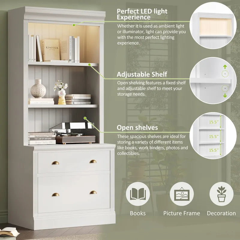 Bibliothèque haute polyvalente avec éclairage LED et multiples options de rangement pour la maison