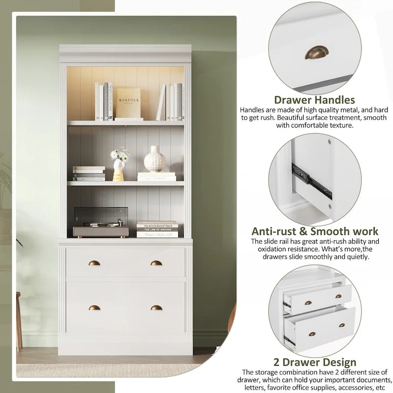 Bibliothèque haute polyvalente avec éclairage LED et multiples options de rangement pour la maison