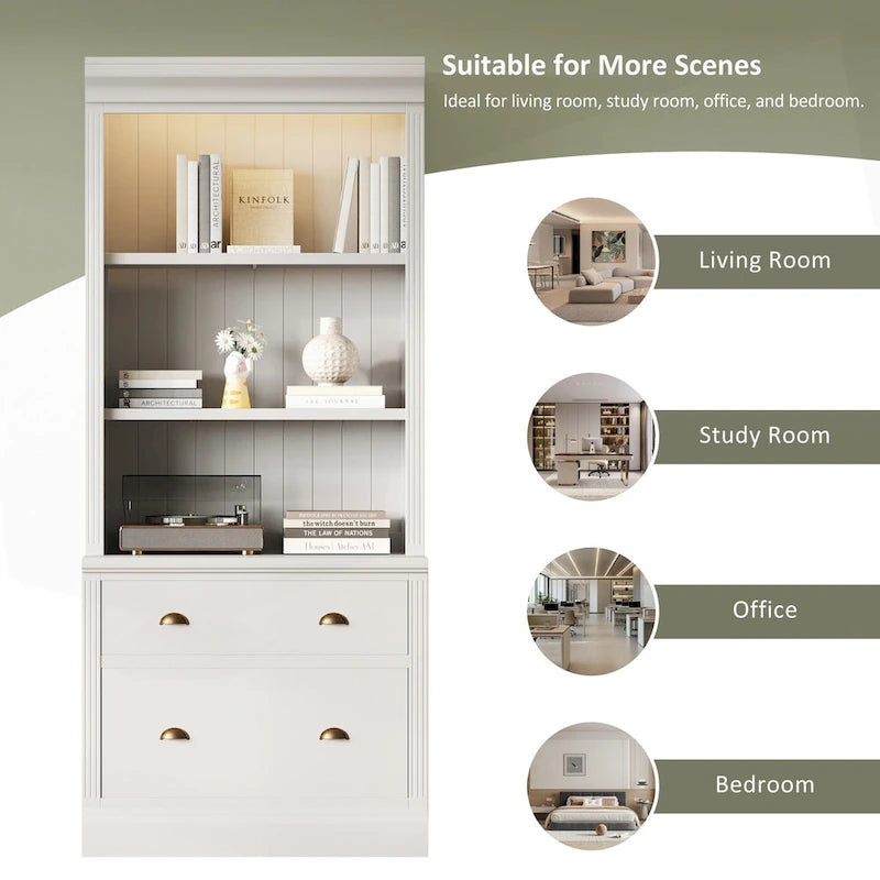 Bibliothèque haute polyvalente avec éclairage LED et multiples options de rangement pour la maison