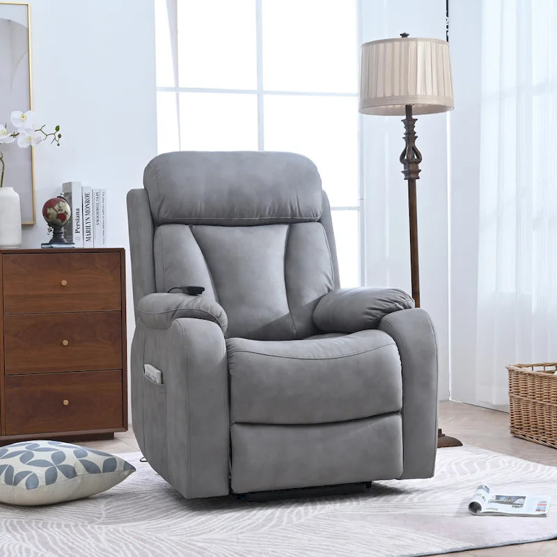 Fauteuil releveur électrique en tissu gris pour personnes âgées, avec télécommande, coussin rembourré, poche latérale et structure robuste.