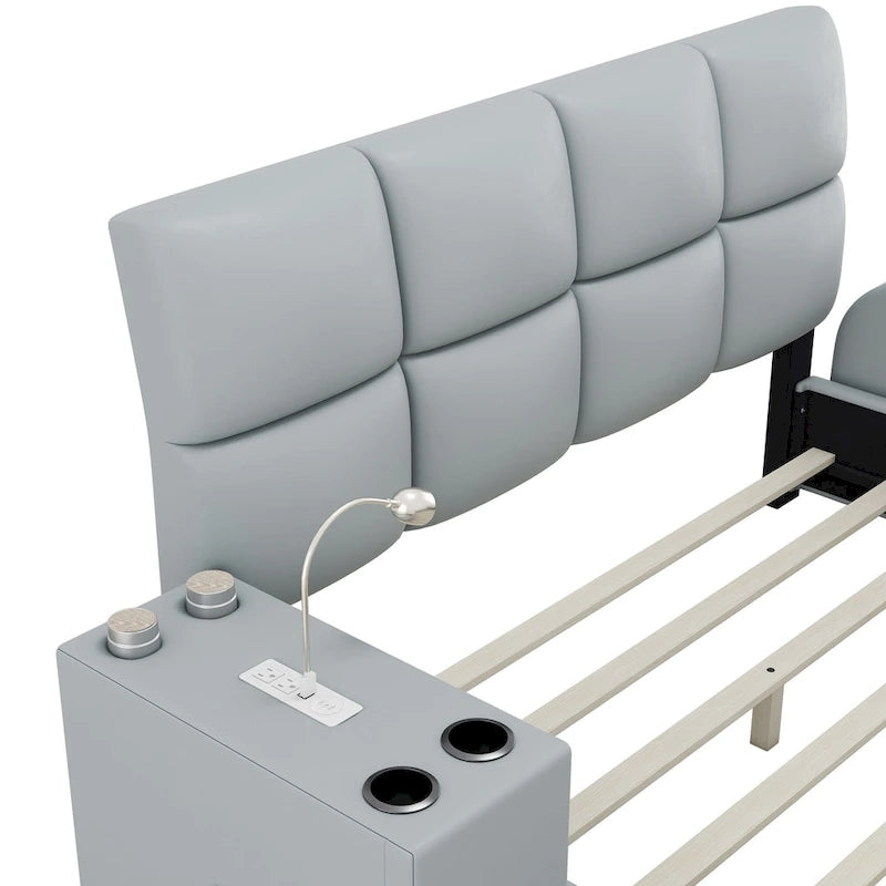 Cadre de lit plateforme en cuir PU Queen Size avec table de chevet multimédia
