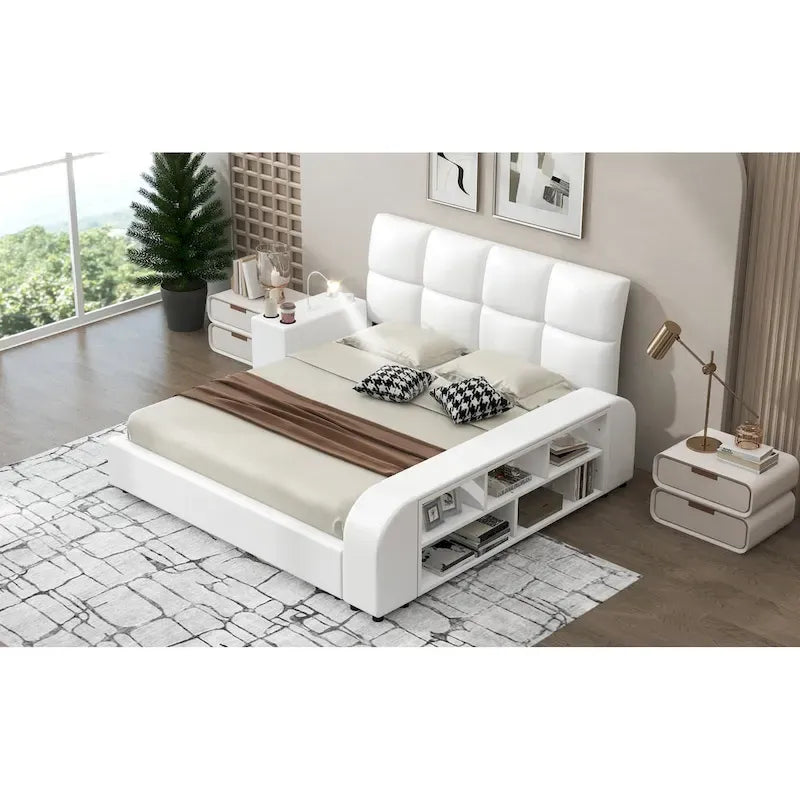 Cadre de lit plateforme en cuir PU Queen Size avec table de chevet multimédia