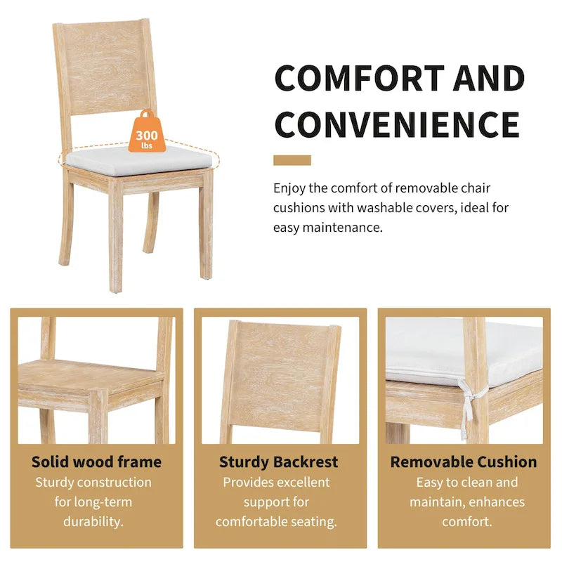 Ensemble de salle à manger moderne 6 pièces avec table, chaises, coussins amovibles, étagère de rangement et banc.