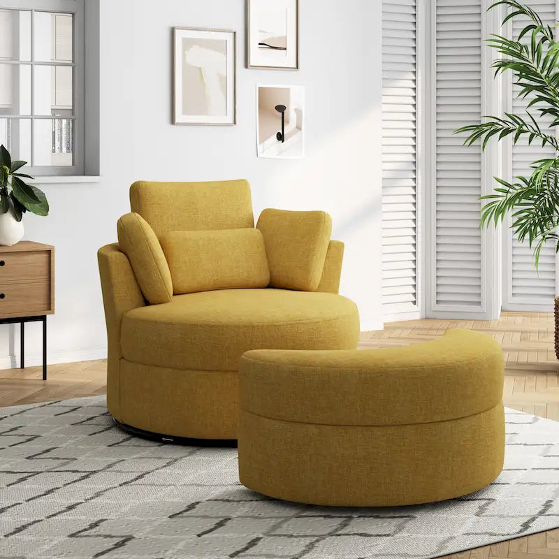 Fauteuil pivotant rembourré avec pouf de rangement à plateau en bois