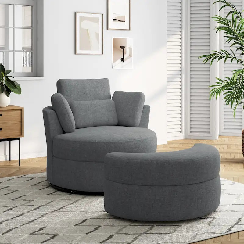 Fauteuil pivotant rembourré avec pouf de rangement à plateau en bois
