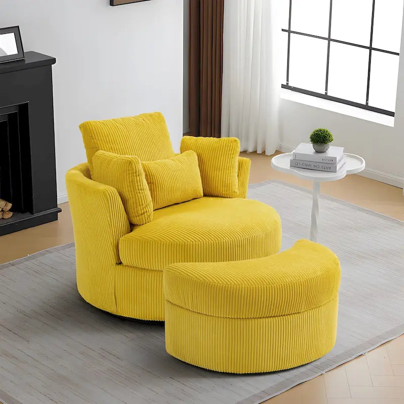 Fauteuil pivotant rembourré avec pouf de rangement à plateau en bois