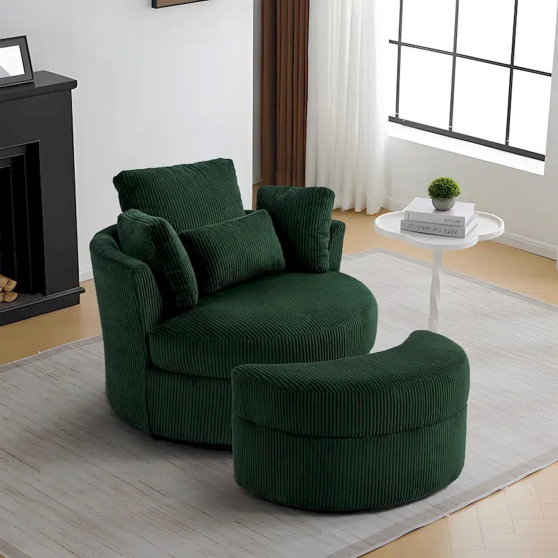Fauteuil pivotant rembourré avec pouf de rangement à plateau en bois