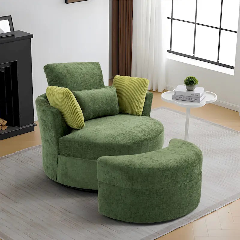 Fauteuil pivotant rembourré avec pouf de rangement à plateau en bois