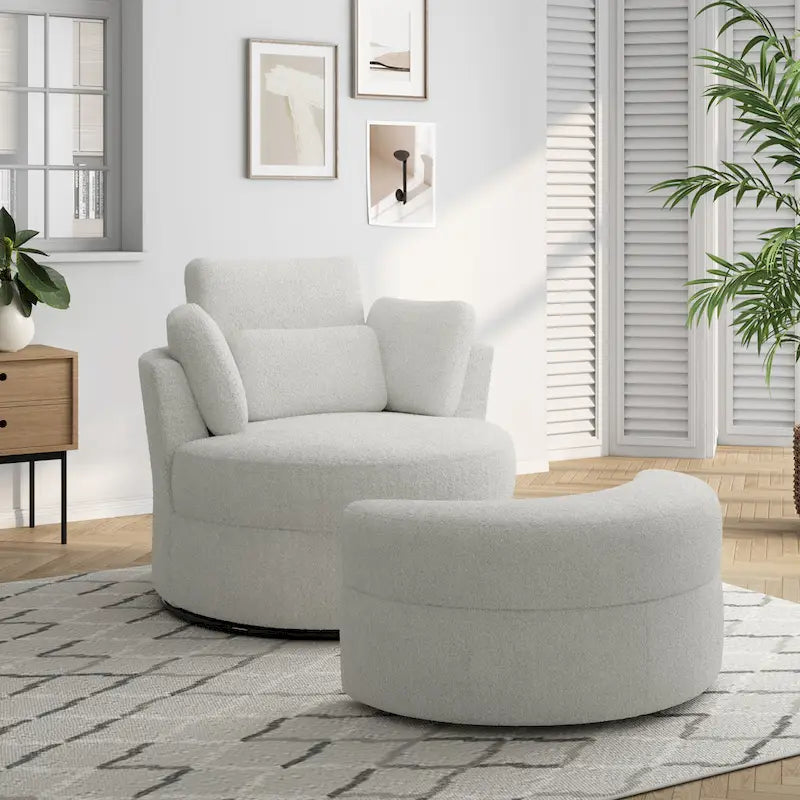 Upholstered Swivel Accent Chair with Wooden Tray Storage Ottoman