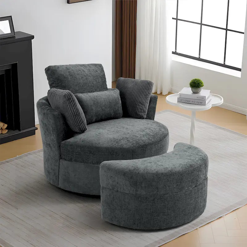 Fauteuil pivotant rembourré avec pouf de rangement à plateau en bois