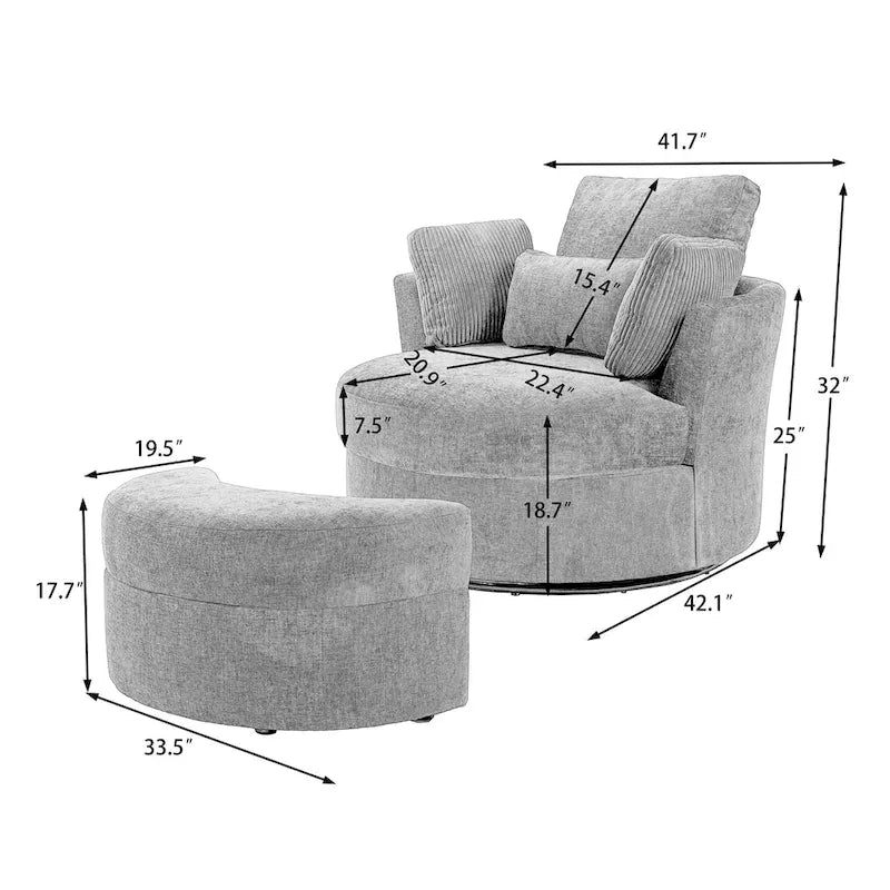 Fauteuil pivotant rembourré avec pouf de rangement à plateau en bois