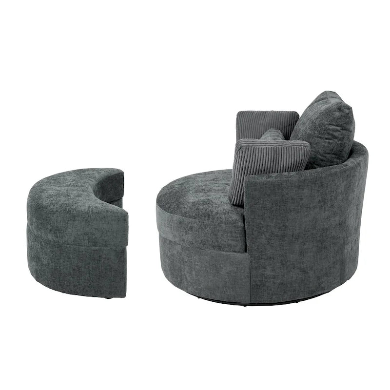 Fauteuil pivotant rembourré avec pouf de rangement à plateau en bois