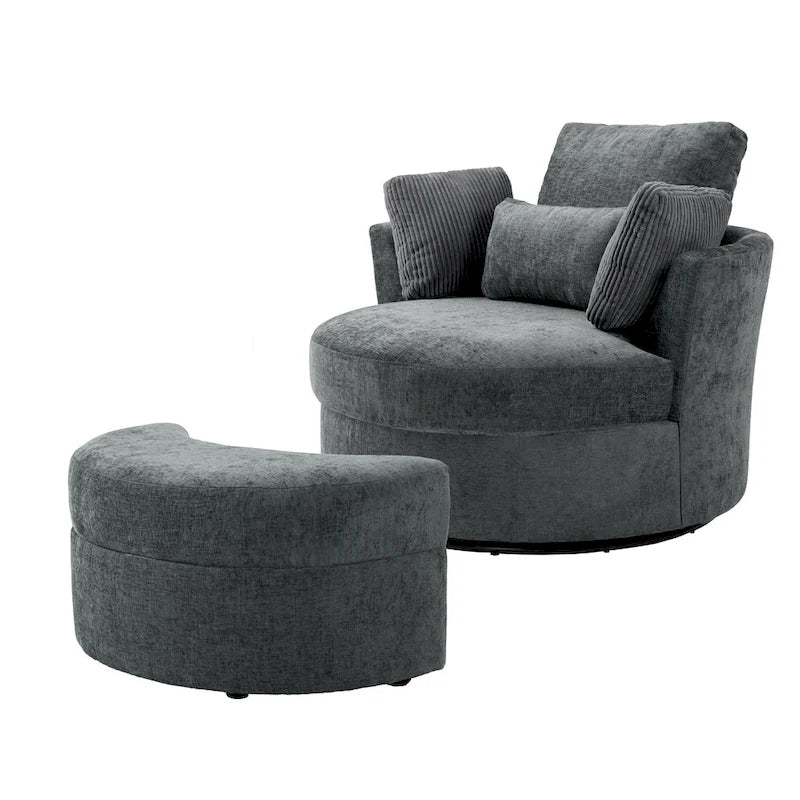 Fauteuil pivotant rembourré avec pouf de rangement à plateau en bois