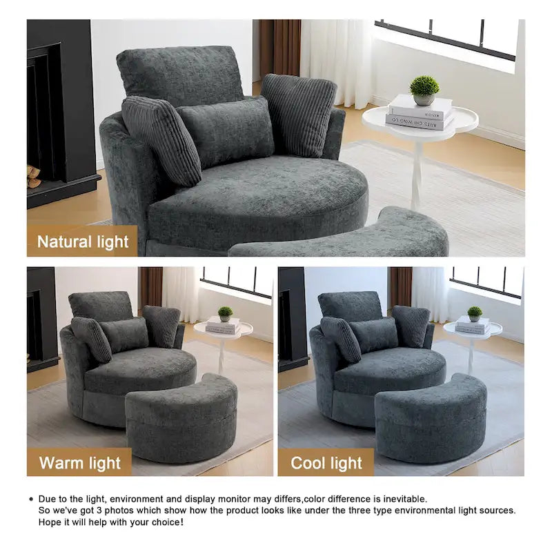 Fauteuil pivotant rembourré avec pouf de rangement à plateau en bois