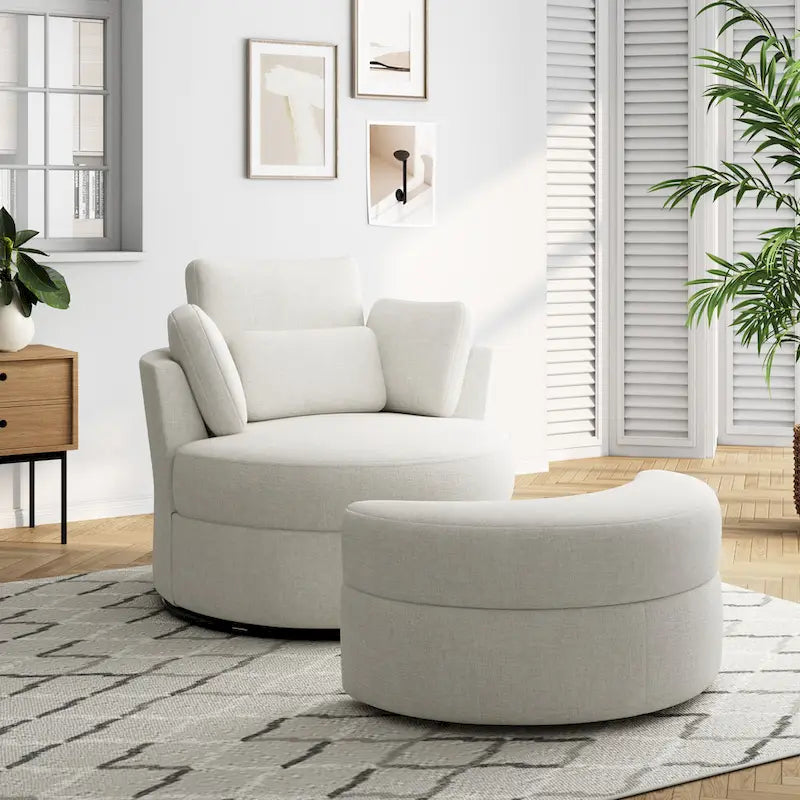 Fauteuil pivotant rembourré avec pouf de rangement à plateau en bois