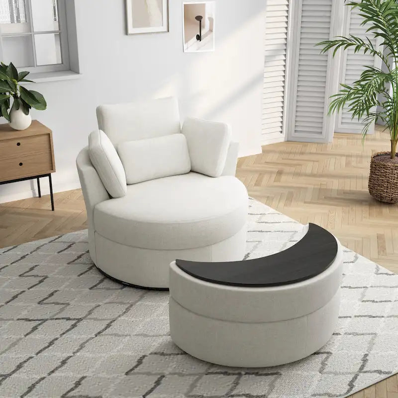 Fauteuil pivotant rembourré avec pouf de rangement à plateau en bois