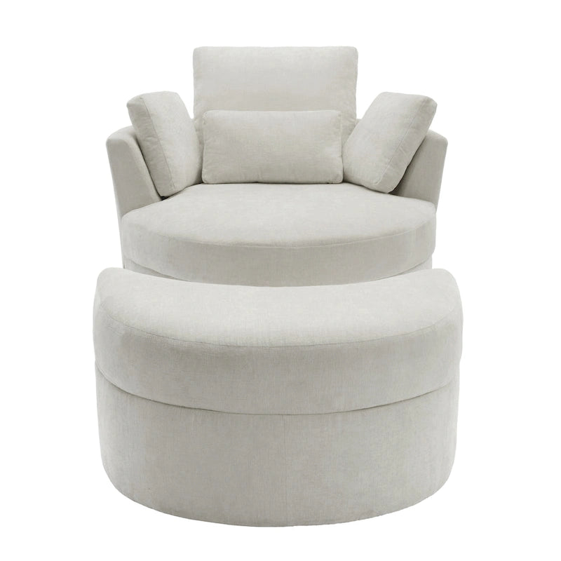 Fauteuil pivotant rembourré avec pouf de rangement à plateau en bois