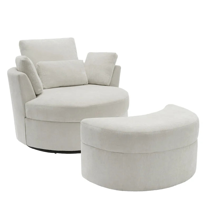 Fauteuil pivotant rembourré avec pouf de rangement à plateau en bois