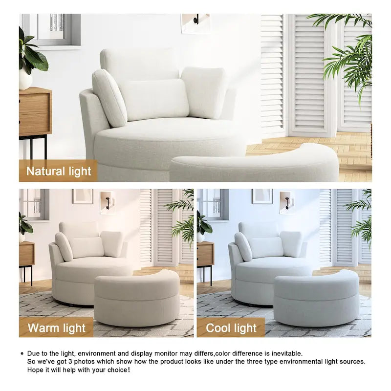 Fauteuil pivotant rembourré avec pouf de rangement à plateau en bois