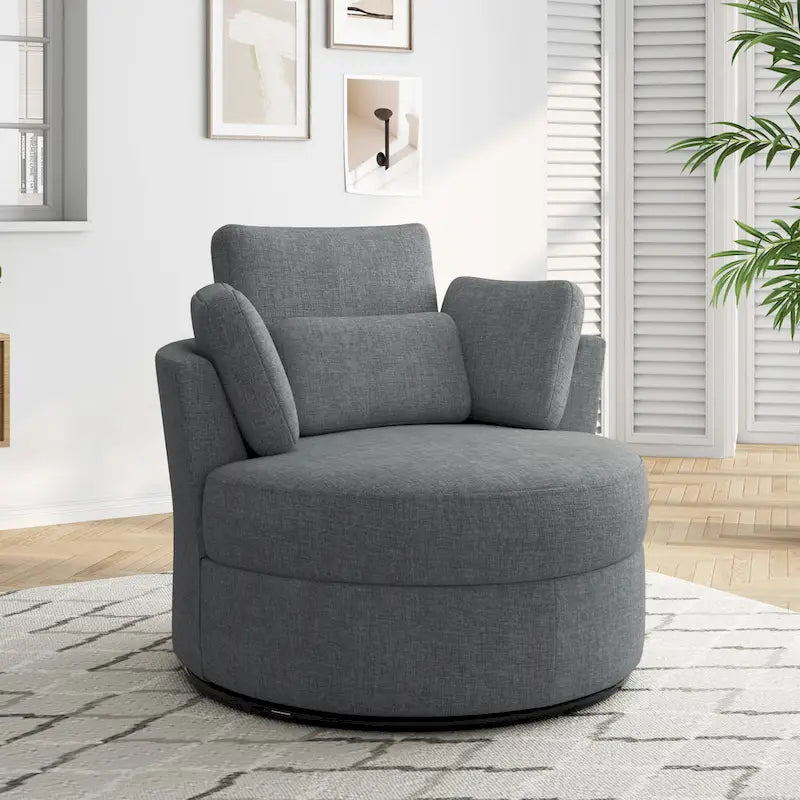 Fauteuil pivotant rembourré avec pouf de rangement à plateau en bois