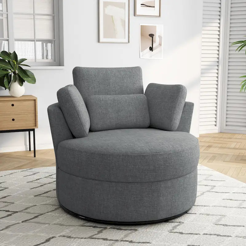 Fauteuil pivotant rembourré avec pouf de rangement à plateau en bois