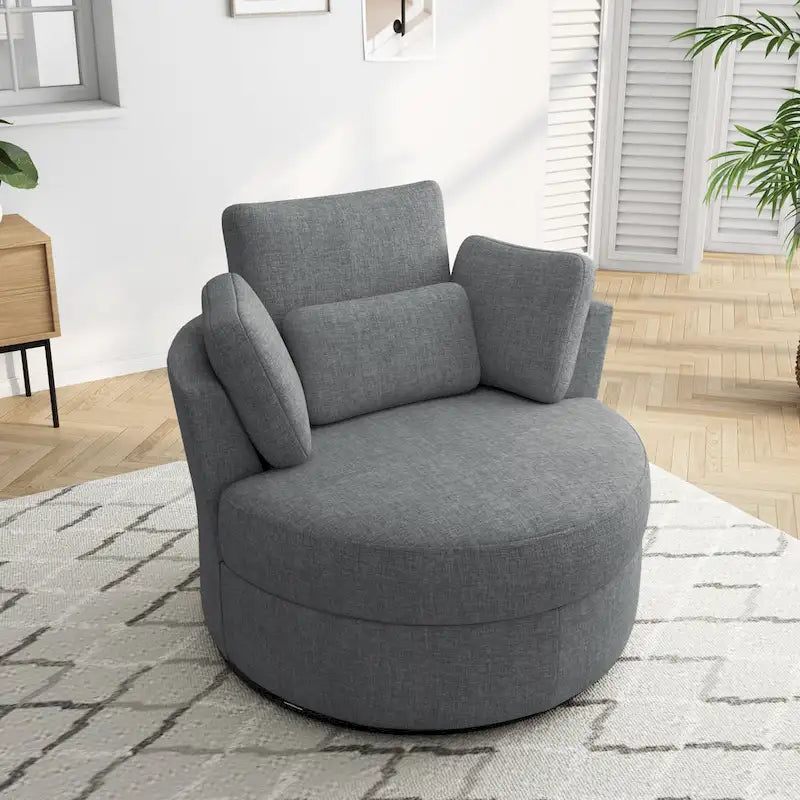 Fauteuil pivotant rembourré avec pouf de rangement à plateau en bois