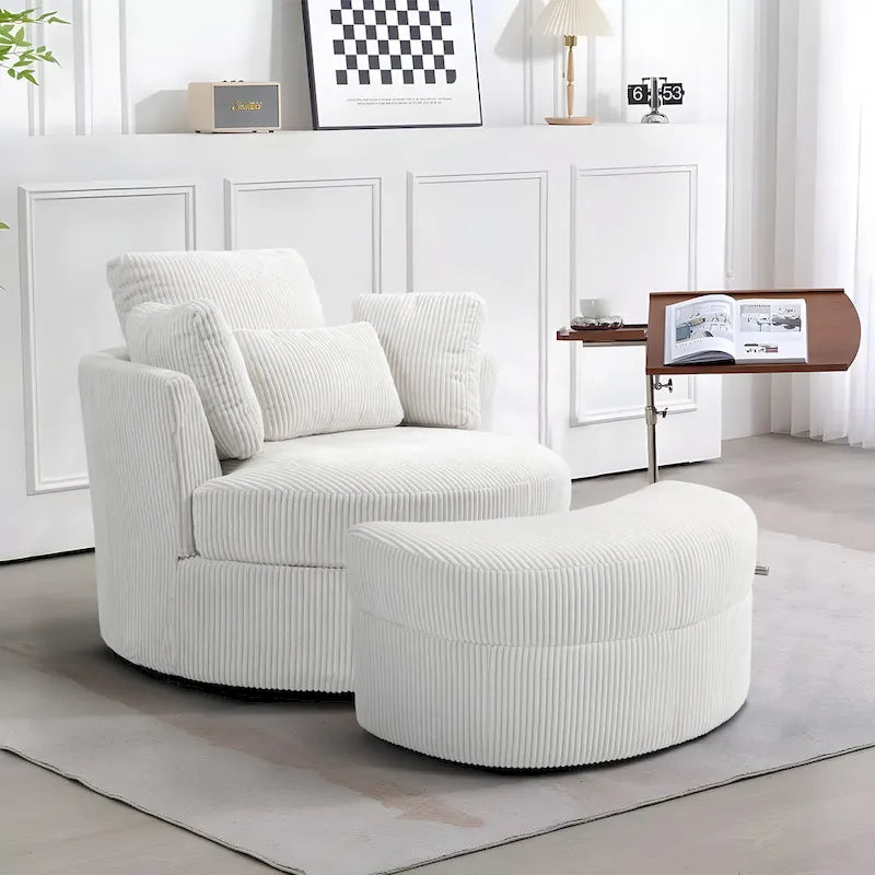 Fauteuil pivotant rembourré avec pouf de rangement à plateau en bois